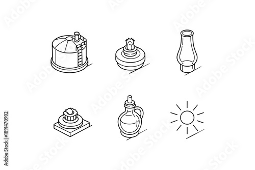 Outline icons of oil industry equipment and light sources
