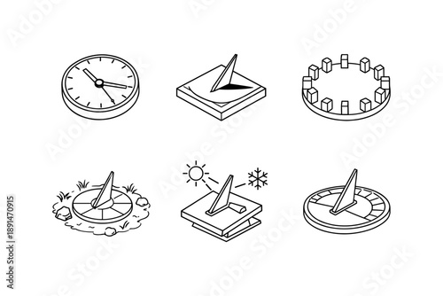 Isometric black and white sundial designs: timekeeping symbols and concepts