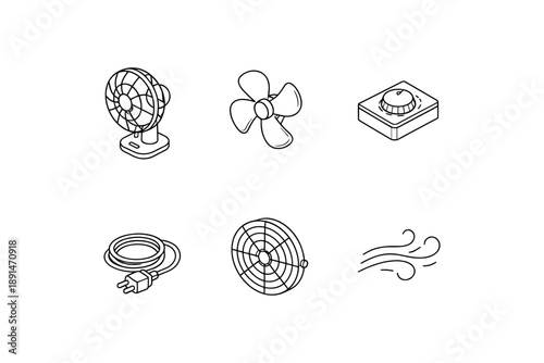 Set of linear fan icons and airflow elements for cooling concepts