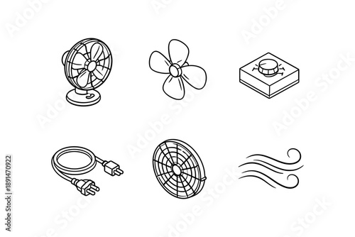 Collection of linear fan icons and cooling elements in black and white