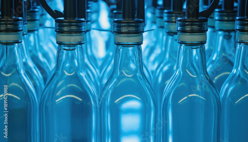 Closeup empty glass bottle bottling line factory automation, blue industrial lighting over transparent container row, production equipment for beverage packaging and hygiene control