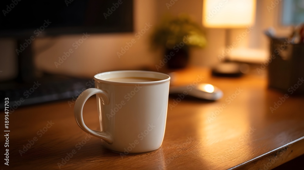 Fototapeta premium A white mug filled with coffee rests on a wooden desk illuminated by warm ambient lighting