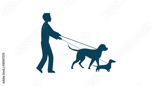Black silhouette illustration of a person walking two dogs on leashes, representing pet care, daily routine, outdoor activity, companionship, and peaceful urban lifestyle in minimal vector style