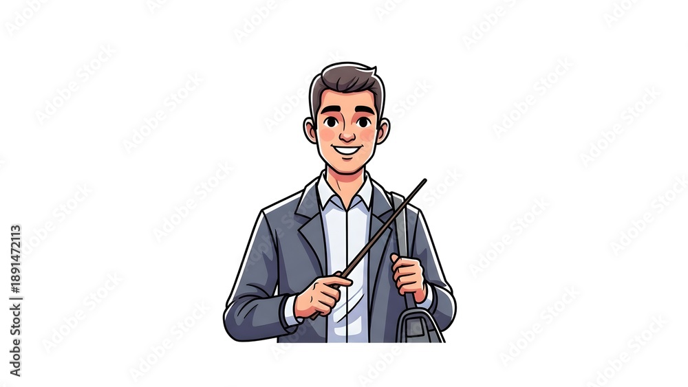 Obraz premium A smiling cartoon man in a business suit holding a briefcase on transparent background