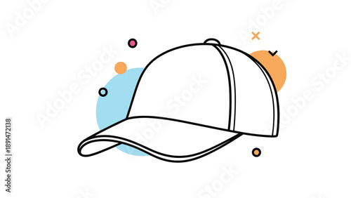 Classic white baseball cap with black outlines and colorful abstract geometric shapes on a white background for fashion.