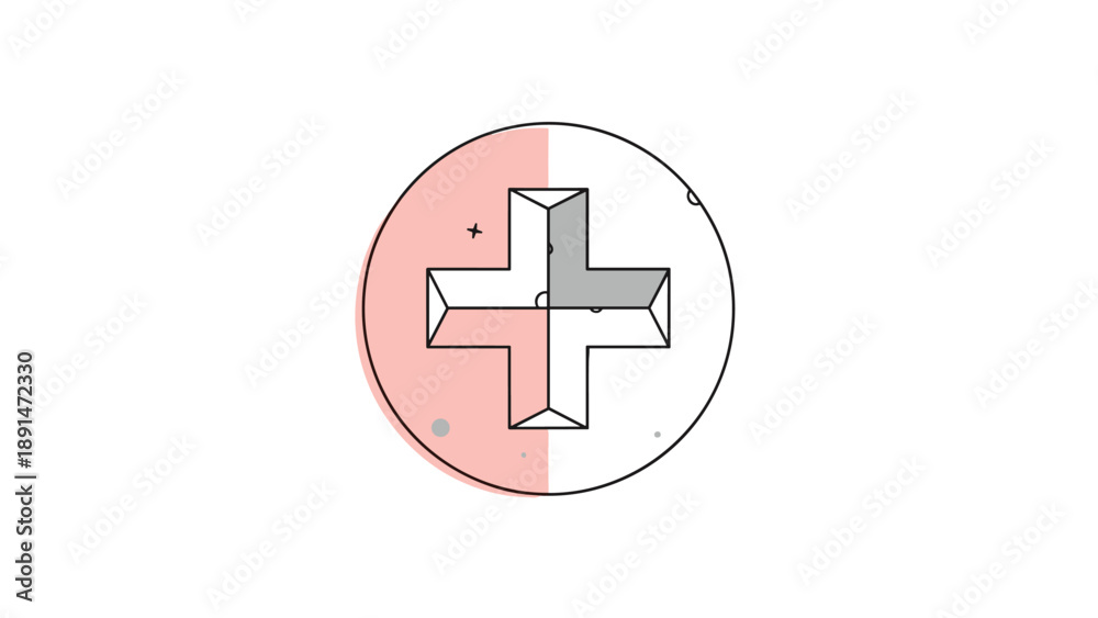 Obraz premium Bold medical plus or cross sign in a circle with soft pink shading for healthcare and first aid related symbols.