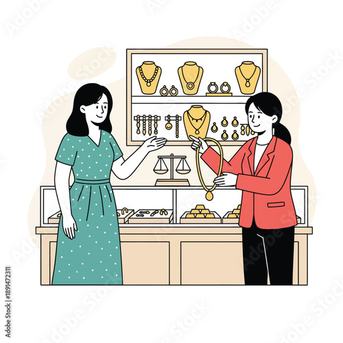 Customer buying a luxury gold necklace from a salesperson at a fine jewelry store