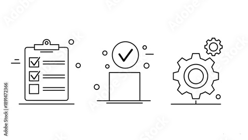 Business process icons including a checklist, a ballot box with a check mark, and mechanical gears represent workflow and efficiency.