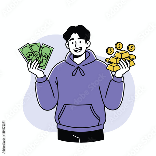 Young man comparing investment options, holding cash bills and gold bullion bars in his hands.