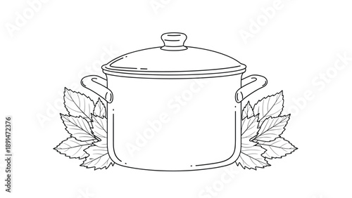 Classic metal cooking pot with a lid is framed by stylized green leaves, suggesting fresh ingredients and healthy home cooking.