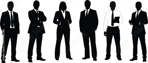 Black silhouettes of business people in various poses business, people, silhouettes, black, white background, suits, ties, formal wear, standing, various poses, office workers, professionals, men, wom