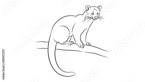 Fossa Drawing Illustration: A detailed outline of a Fossa cat perched gracefully on a branch, showcasing its unique features in a simple, elegant black and white aesthetic.