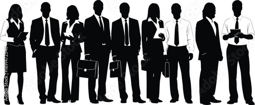 Black silhouettes of business people standing in a line business, people, silhouettes, black, white, background, standing, line, formal, office, professionals, group, men, women, suits, ties, briefcas