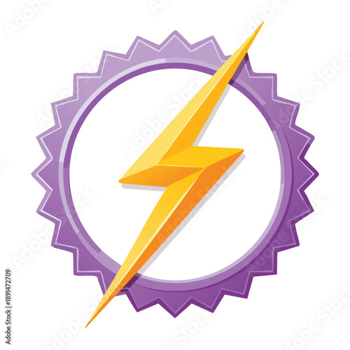 Striking yellow lightning bolt graphic rendered inside a circular purple seal with jagged edges symbolizing speed power or achievement in a vibrant vector design