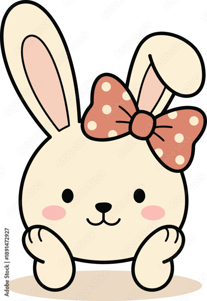 Fototapeta premium Cute Easter Bunny Face Resting with Polka Dot Bow Pastel Vector Illustration