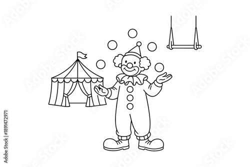 Happy circus clown juggling balls with tent and trapeze in outline art