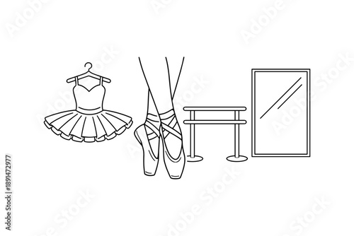 Ballet essentials: pointe shoes, tutu, and dance studio in linear design