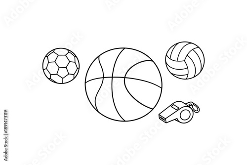 Outline of various sports equipment including ball and whistle for recreational and coaching themes