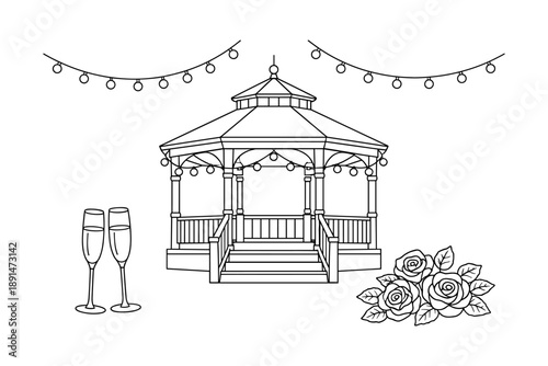 Charming gazebo with string lights and floral accents in black and white