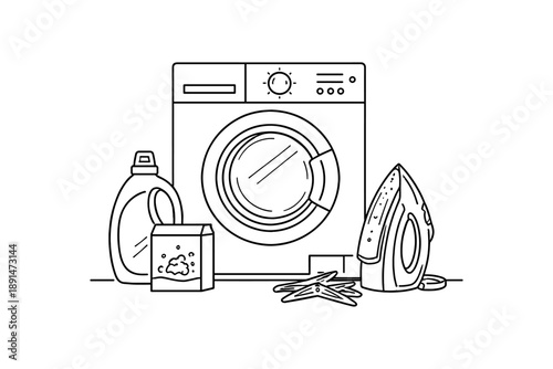 Minimalist laundry room icon with washing machine, laundry detergent, and iron