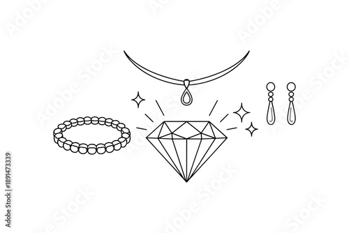 Elegant jewelry outline: necklace, earrings, diamond, and bracelet in minimalist design