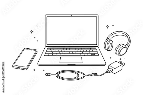 Minimalist outline of laptop with headphones, smartphone, and charger