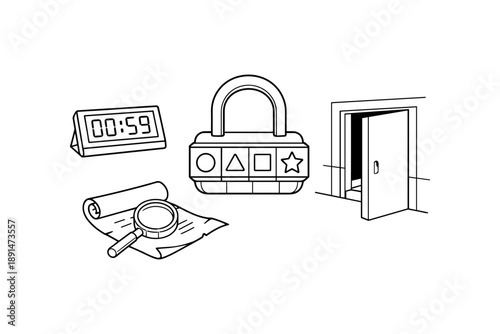 Escape room elements: lock, timer, clue, open door
