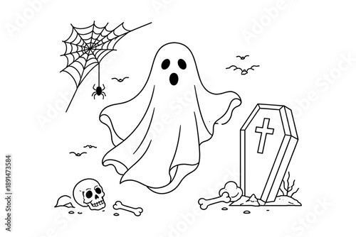 Spooky ghost with coffin and spider web in a graveyard scene