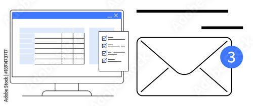 Workflow management, digital communication, notifications, productivity tools, task tracking, organizational systems. A monitor with a spreadsheet and checklist beside an email notification. Workflow