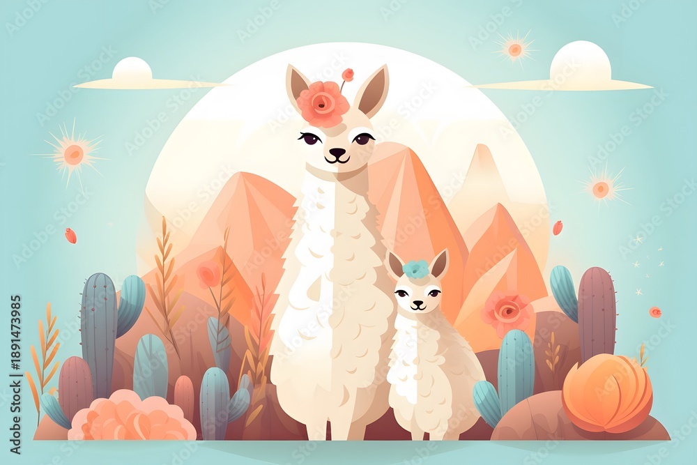 Fototapeta premium Charming illustration of a mother and baby llama standing in a colorful desert landscape filled with pastel cacti, mountains, and flowers.