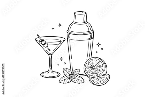 Elegant cocktail shaker and martini glass with lemons in line art style