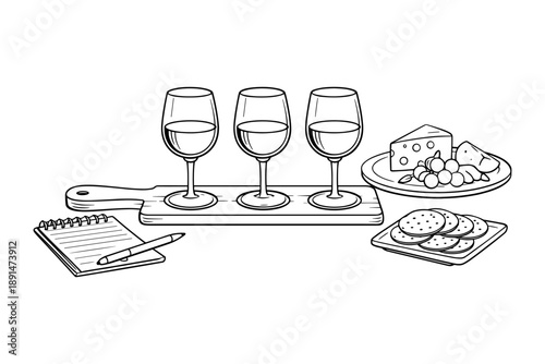 Elegant wine tasting setup with cheese and crackers in linear design