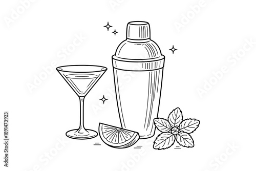 Cocktail shaker and glass with mint and lemon in linear outline style