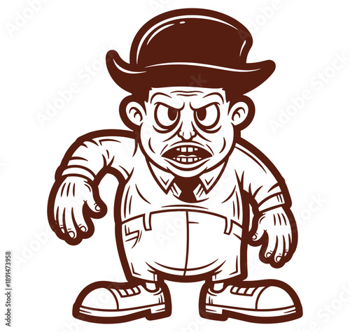 angry cartoon man wearing bowler hat and overalls with aggressive expression