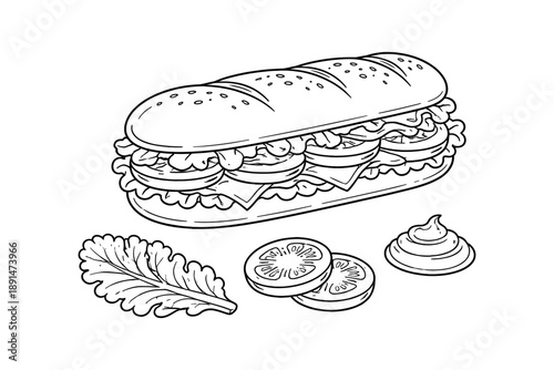 Linear deli sandwich with lettuce, tomatoes, and sauce in outline style