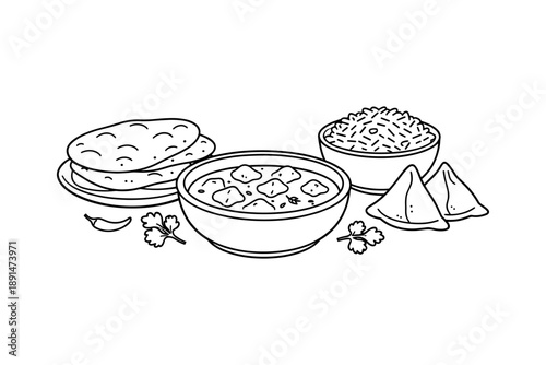 Indian cuisine line art with rice, roti, curry, and samosas