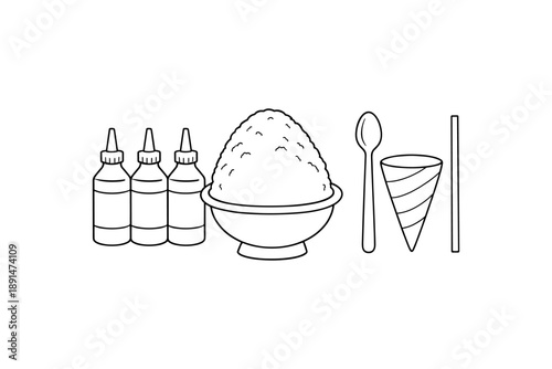 Outline drawing of shaved ice dessert with syrups and utensils
