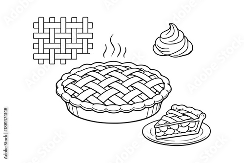 Black and white line art of freshly baked pie with lattice crust and slice