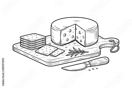 Hand drawn cheese wheel and crackers on cutting board with knife