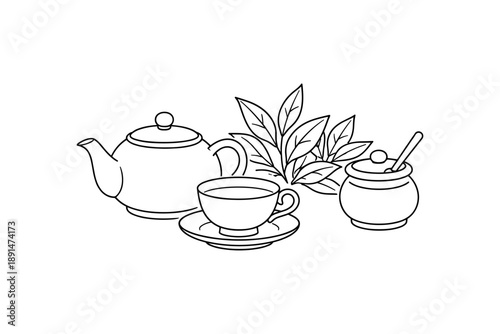 Minimalist tea set with teapot, teacup, and leaves in black and white design