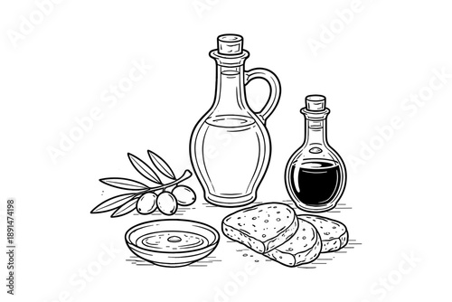 Hand drawn olive oil and bread scene with balsamic vinegar and olives on white background
