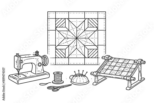 Quilting tools and patterns: sewing machine, embroidery hoop, scissors