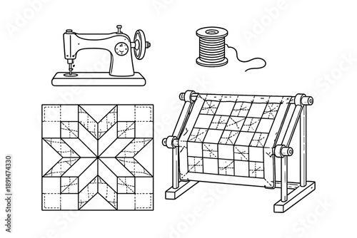 Vintage sewing elements with quilting frame and patchwork design in linear style