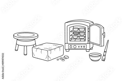 Pottery workshop: kiln, clay, and tools in a linear art studio setting