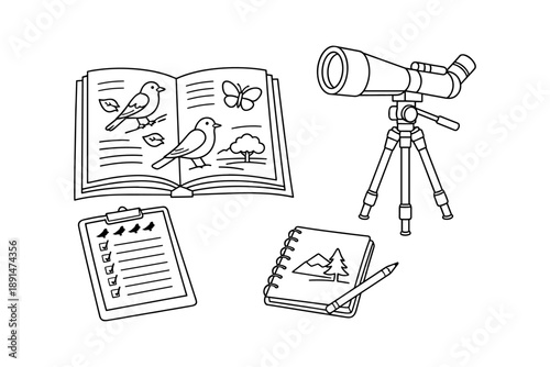 Birdwatching outline with telescope, notebook, and checklist