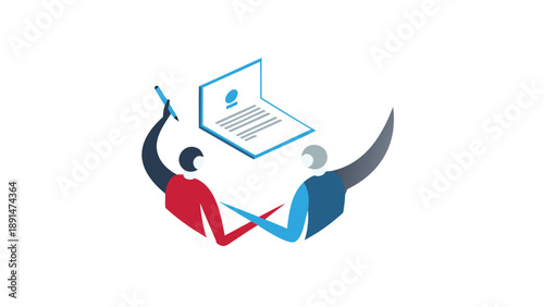 Three colleagues finalizing a document on a laptop in a modern office setting with teamwork and collaboration