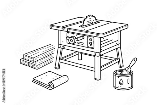 Detailed linear carpentry workshop with table saw and tools