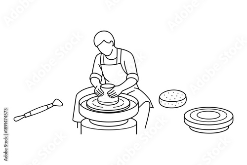 Simple line art of a potter crafting clay on wheel with tools