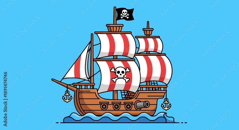 Foto Pirate Ship Sailing on Ocean.
