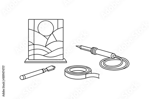 Line art of stained glass tools with soldering iron and design